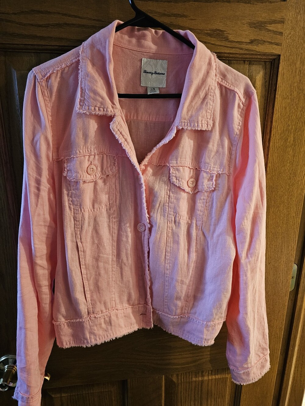 Tommy Bahama Light Pink Frayed-Trim Linen Jean Jacket